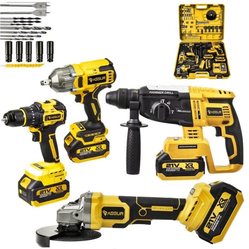 Assur ASR1192 Profesyonel Akülü Kömürsüz 4 lü Matkap Seti 21V 3ah - 800Nm Somun Sökme, 26mm Kırıcı Delici,  13mm Darbeli Vidalama, 125mm Avuç Taşlama (Sarı)