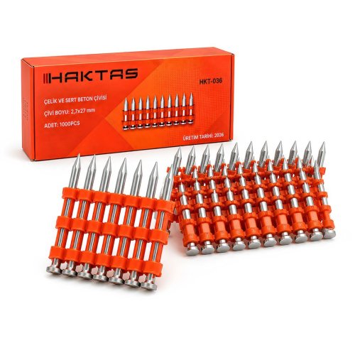 Haktaş HKT036 1000 Adet 2,7x27 mm Çelik ve Sert Beton Çivisi Gazlı Çivi Tabancası Uyumlu