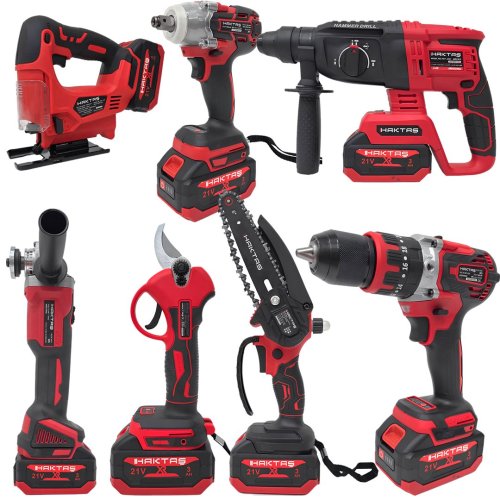 Haktaş HKT1015 Yeni Nesil Kırmızı 7li Şarjlı Vidalama Matkap Seti 21V 3ah (Kırıcı Delici, Somun Sıkma, Vidalama, Dal Budama Makası, Dekupaj, Avuç Taşlama, Dal Testeresi)