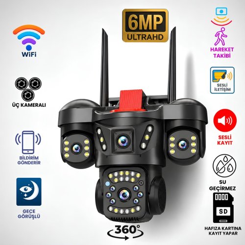 Onqam ONW2363 3 Kameralı WiFi PTZ Güvenlik Kamerası 6MP Ultra HD | 360 Derece Dış Mekan IP66 Gece Görüşlü