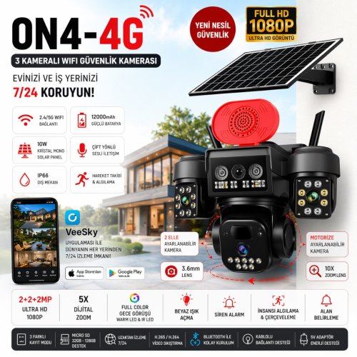 Onqam ON4-4G 3 Kameralı Solar Güvenlik Kamerası 1080P WiFi - 7-24 İzleme