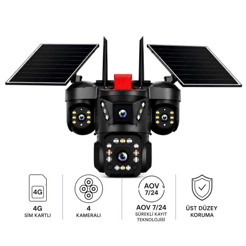 Onqam ON-S4 Sim Kart Takılabilen 4 Kameralı Güvenlik Kamerası - Solar Güneş Panelli Renkli Gece Görüşü ve IP67 AOV Sürekli Kayıt