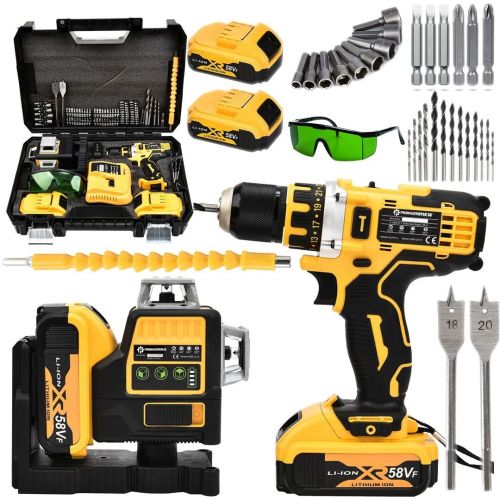 Prohummer PH190 Akülü 58vf Lazer Terazi ve Vidalama Matkap Seti (Sarı)