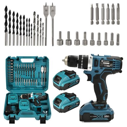 Prohummer PH035 Çelik Mandrenli 58vf Çift Akülü Şarjlı Vidalama Matkap Seti (Mavi)