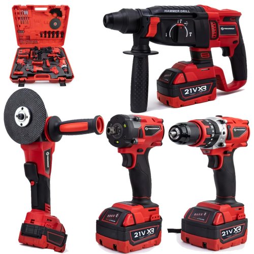 Prohummer PH304 Profesyonel Yeni Kırmızı 4lü Set Makine - 350Nm Somun Sökme, Kırıcı Delici, 125mm Avuç Taşlama, 13mm Vidalama Matkap