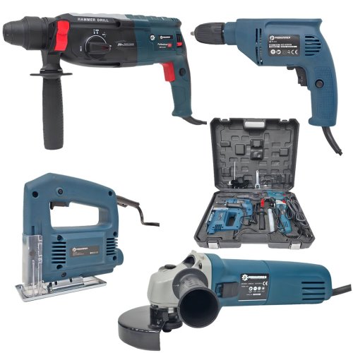 Prohummer PH322 Elektrikli 4 lü Set Takımı (Kırıcı Delici, Vidalama Matkap, 125mm Avuç Taşlama, Dekupaj Testere)