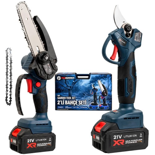 Prohummer PHM011 Profesyonel Akülü Kömürsüz Motor 2li Bahçe Seti - 32mm Dal Budama Makası, 15cm Dal Budama Testeresi 21V 3ah Çift Batarya