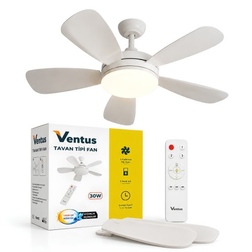 Ventus VT-TV30W Sessiz Çalışma 5 Kanatlı Işıklı Uzaktan Kumandalı Tavan Tipi Vantilatör