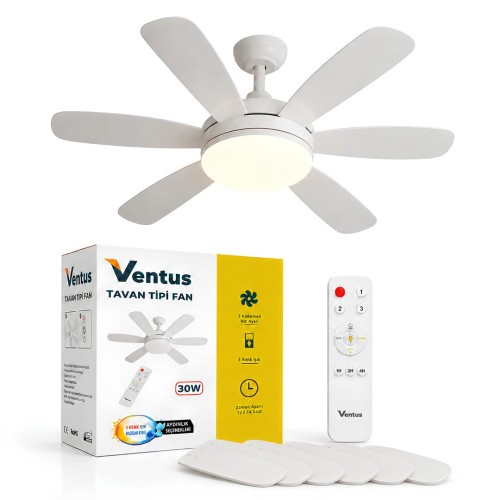 Ventus VT-TV30W Sessiz Çalışma 5 Kanatlı Işıklı Uzaktan Kumandalı Tavan Tipi Vantilatör